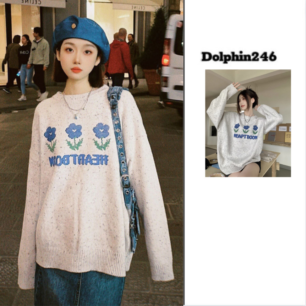 E1แขนยาวหลวมสีเทาดอกไม้เสื้อกันหนาวสําหรับผู้หญิง ullzang สไตล์หลวมรอบคอพิมพ์เกาหลีย้อนยุค M299 E2-4