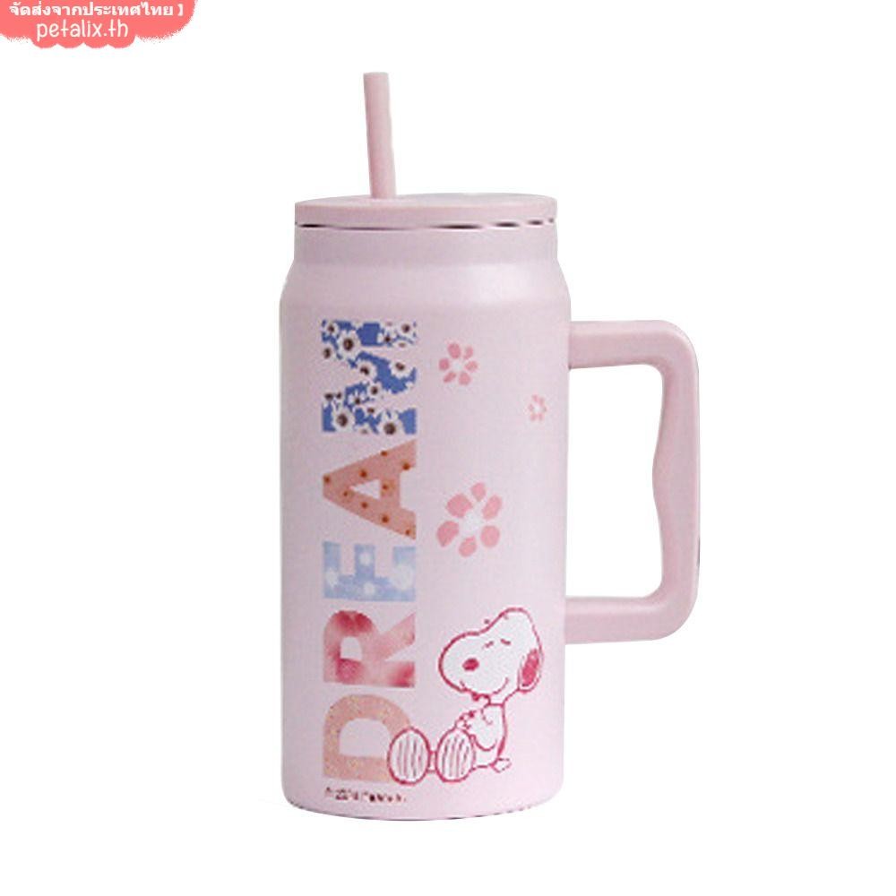 PETALIX จัดส่งกรุงเทพฯ Snoopy แก้วเก็บความเย็น 1500ml พร้อมที่จับและฝาฟางถ้วยแก้วกระติกเก็บความร้อนแ