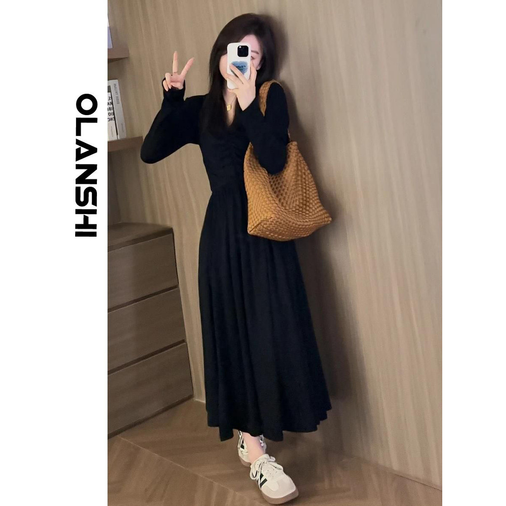Olanshi French All-Match แคบ-เอว Slimmer ดูแฟชั่น Royal Sister แฟชั่น Retro V คอจีบออกแบบแขนยาวชุด 8.8 A6