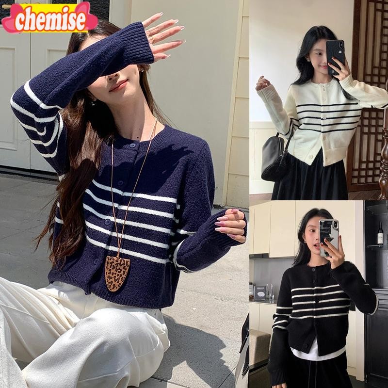 Chemsiegrace✅N109  เสื้อคาร์ดิแกนกันหนาว  เสื้อกันหนาวคาร์ดิแกน  ลายทาง สไตล์วินเทจ สําหรับผู้หญิง คาดิแกนไหมพรมแขนยาว