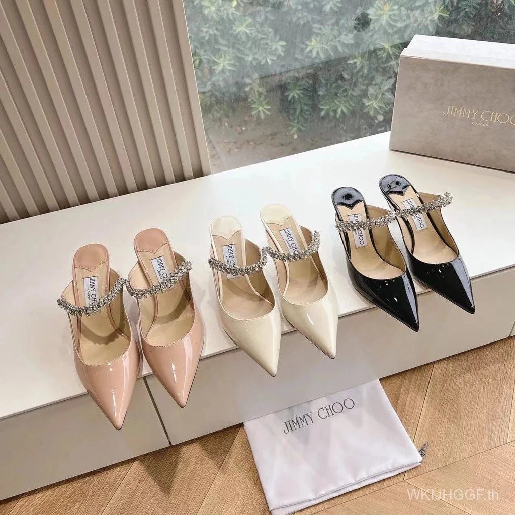 รองเท้า Jimmy Choo แบบโซ่ Rhinestone หนังแก้วแท้ ส้นสูง 6.5 ซม.