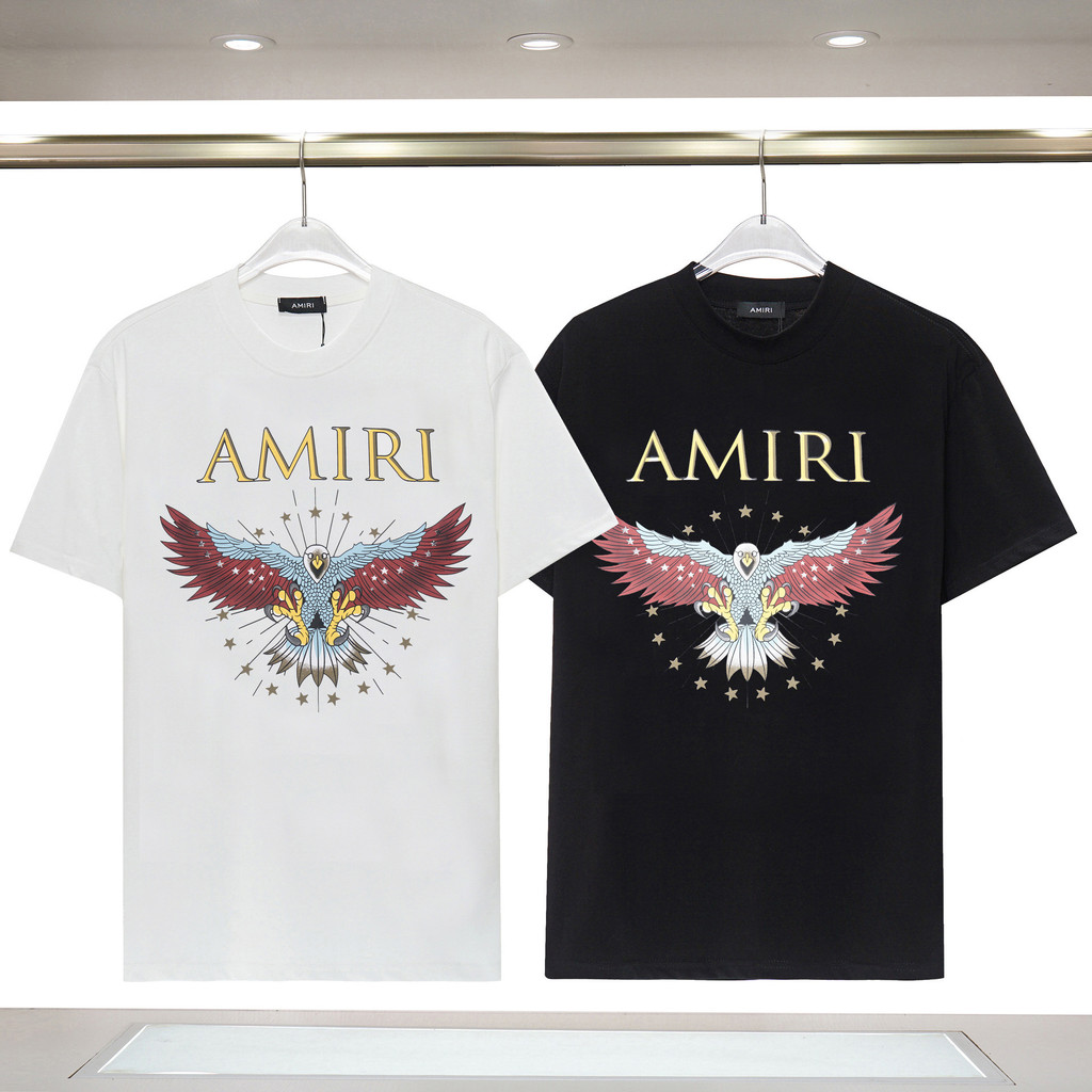 American Street Wear AMIRI Eagle Print เสื้อยืดแขนสั้นไหมพรมคู่ผ้าฝ้ายแท้สําหรับผู้ชาย