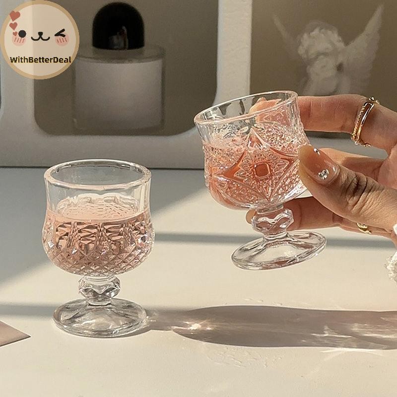 BETTER สไตล์เกาหลีแกะสลักนูนขนาดเล็ก Goblet ถ้วยแก้วสําหรับ Soju สาเกสุราสั้น Stemmed แก้ว TH