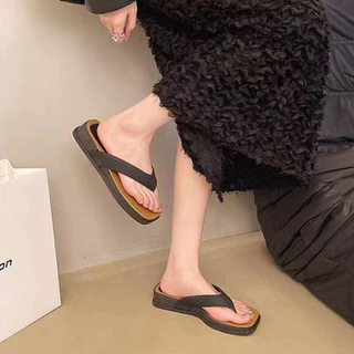 🍓EnJoy🍓พร้อมส่ง (LT-2566) รองเท้าแตะหูคีบ ทรงหัวเหลี่ยม สไตล์เกาหลี ส้นแบน แฟชั่นเรียบง่าย สำหรับผู้หญิง