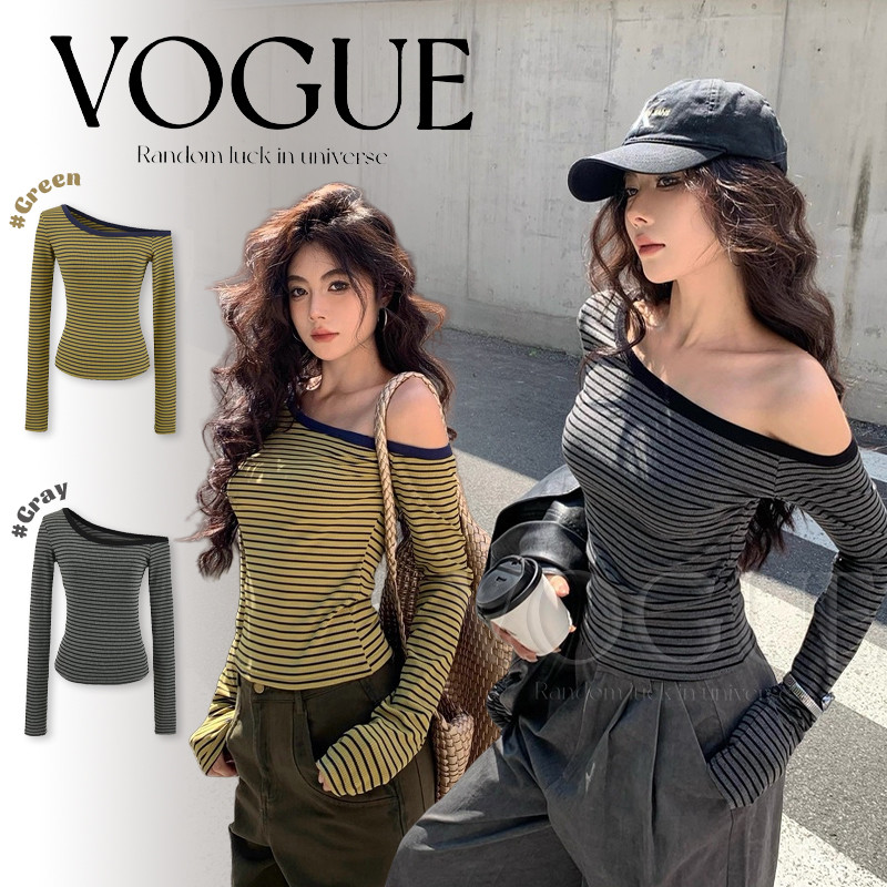 Vogue🌟พร้อมส่ง🌟 เสื้อเปิดไหล่แขนยาว ดีเทลลายทาง สีเทาเขียวเท่มากแม่ (FY8720)