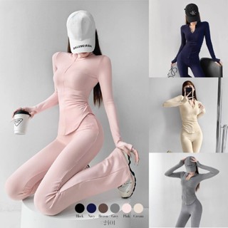 เซ็ต2ชิ้น ชุดพิลาทิส สีดำ เสื้อคอปกตั้ง แขนยาวซิปหน้า สม็อคย…