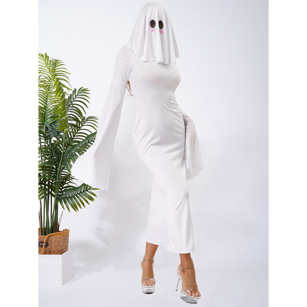 Xnihocha ผู้หญิง Ghost เครื่องแต่งกาย Mock คอแขนยาว Flared Sleeve Lace-up กลับชุดหัวและ Sash สําหรับ