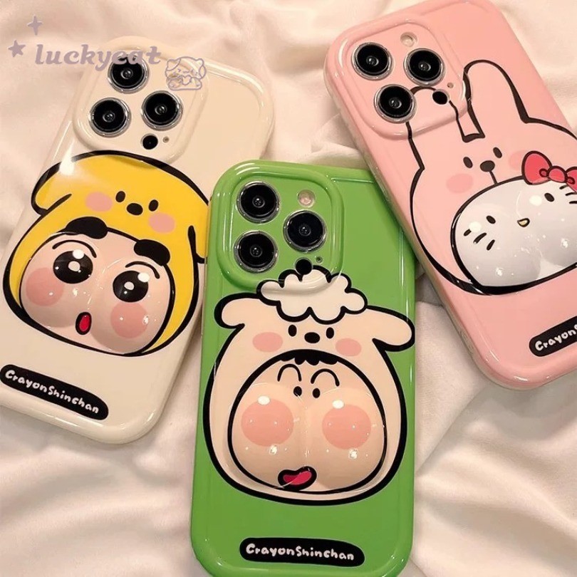 เข้ากันได้กับ iPhone 16 15 14 13 12 11 Pro Max X XR XS Max 7 8 Plus SE2020 เคสโทรศัพท์น่ารักสวมใส่ Hood Crayon Shin-chan และ KT Cat ฝาหลังแบบนุ่ม