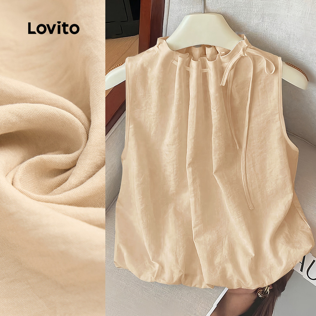 Lovito เสื้อกล้ามสีกากีลําลองผูกเชือกฤดูใบไม้ผลิ/ฤดูร้อนสําหรับผู้หญิง L134LD235