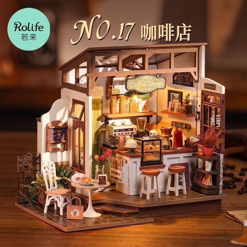 Ruolai 17 Coffee Shop Bakery House ของเล่นไม้ Hand-Assemped diy Hut Model Gift