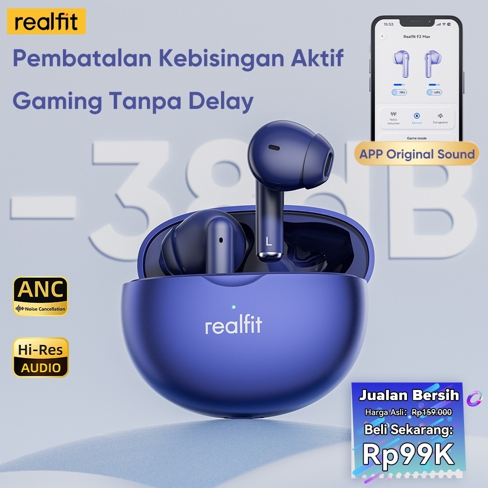 Realfit F2 Max หูฟังบลูทูธ ANC Active หูฟังไร้สายตัดเสียงรบกวนพร้อมไมโครโฟนเสียงสเตอริโอ HIFI Super 