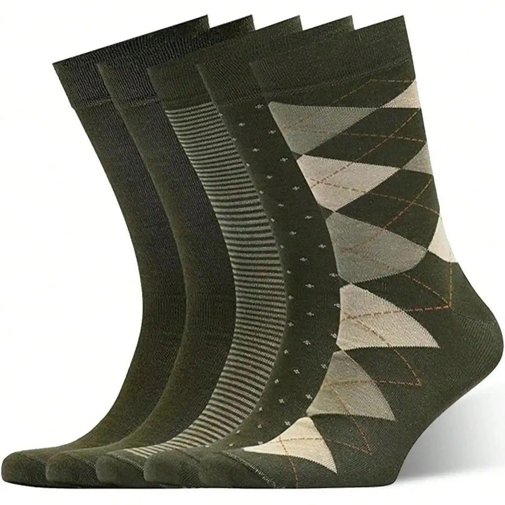 5 Pairs of Men's Socks - Autumn & Winter High-Tube Solid Color Crew Socks, Business Men's Plaid Sock