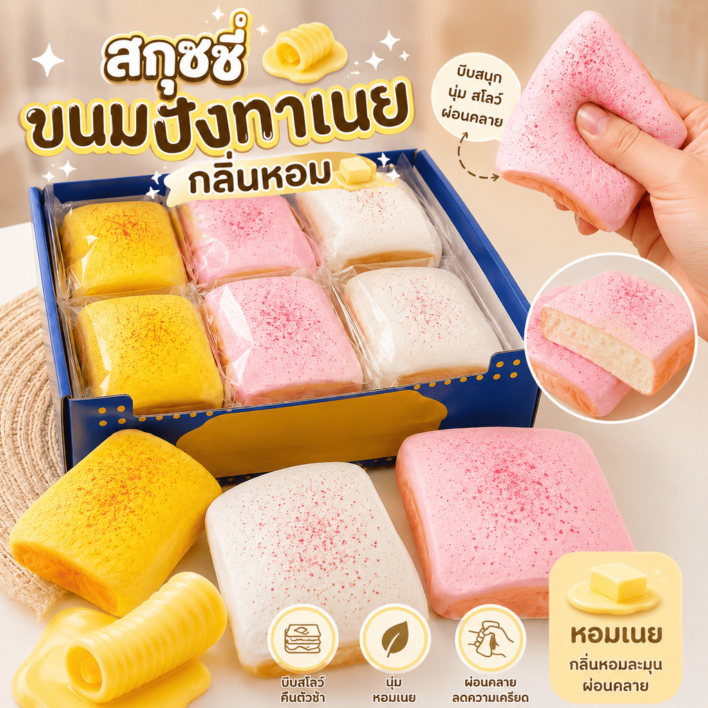 ส่งด่วน เเผ่นขนมปัง สกุชชี่ขนมปังปิ้งของเล่น PU Soft Squeeze Fidget น่ารักผ่อนคลายมือ กลิ่นหอม