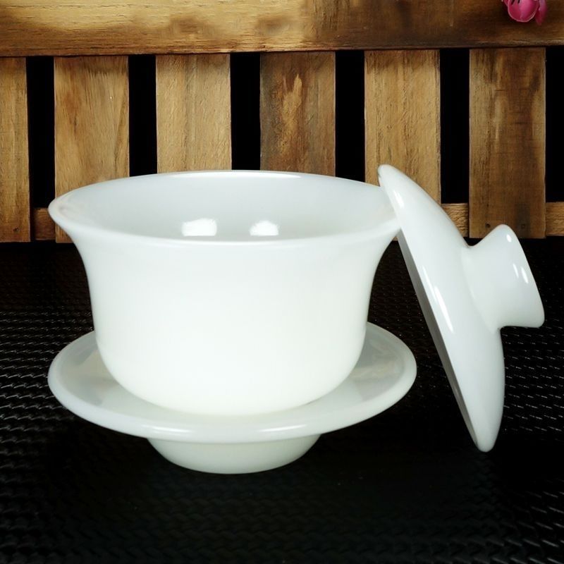 Natural Lanolin Sancai Tea Cover Bowl Fair Cup High-End Tea Set Gift-Giving Tea Set Full Set