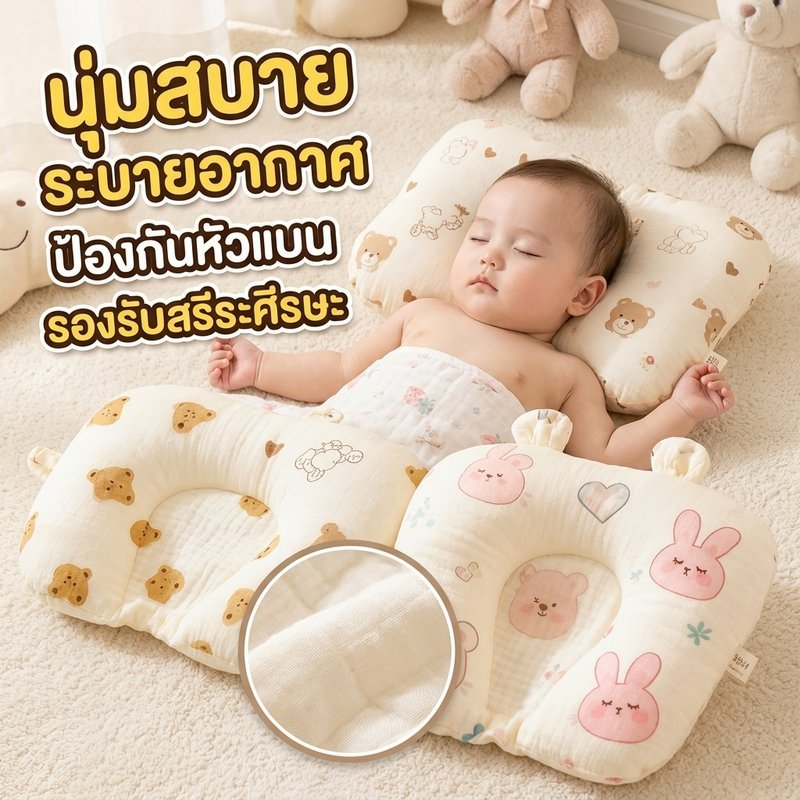 หมอนหลุมเด็ก หมอนเด็กแรกเกิด หมอนกันหัวแบน ระบายอากาศ นุ่มสบาย รองรับศีรษะ เด็กอ่อน ลายหมี