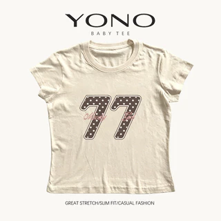 (พร้อมส่ง24ชม.) baby tee สีเบจ ลายเลข 77 ลายจุด ฟีลอเมริกันคอลเลจวินเทจ ทรงเข้ารูป ใส่ชิค