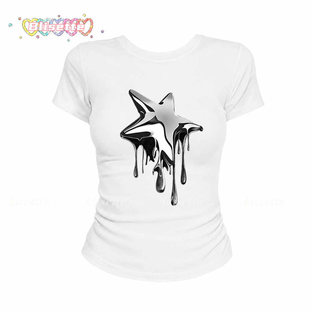 【 จัดส่งจากกรุงเทพฯ】 คอกลมเสื้อยืดแขนสั้น ลายดาวเมทัลลิกหยดน้ำ ฟีล y2k ล้ำเท่ ทรงเข้ารูป