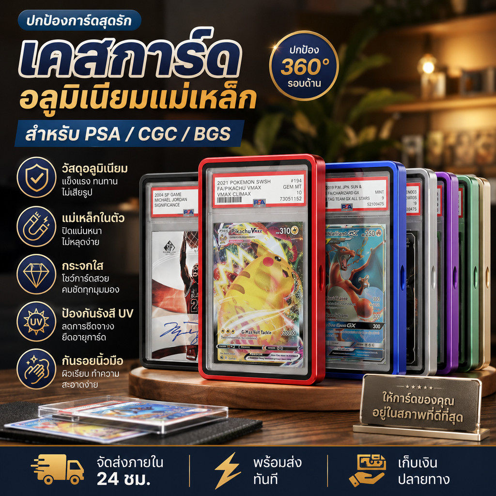เคสแม่เหล็กอลูมิเนียม กันรังสียูวี รองรับ PSA/CGC/BGS 35PT กระจกสองชั้น 13 สี กันรอยกระแทก การ์ดโปเกมอนวันพีช กทม.สต็อก