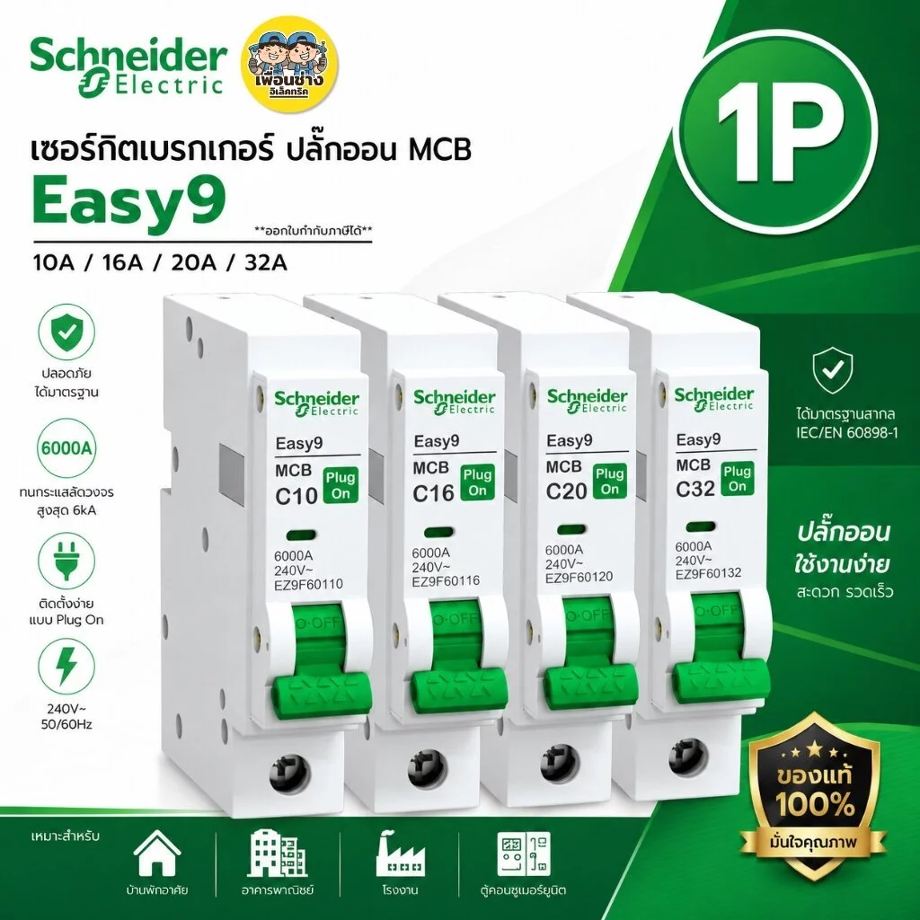 Schneider เซอร์กิตเบรกเกอร์ 1P รุ่น Easy9 ปลั๊กออน MCB Plug-On 10A 16A 20A 32A ลูกย่อย เบรกเกอร์ ลูกปลั๊กออน ดันล็อก