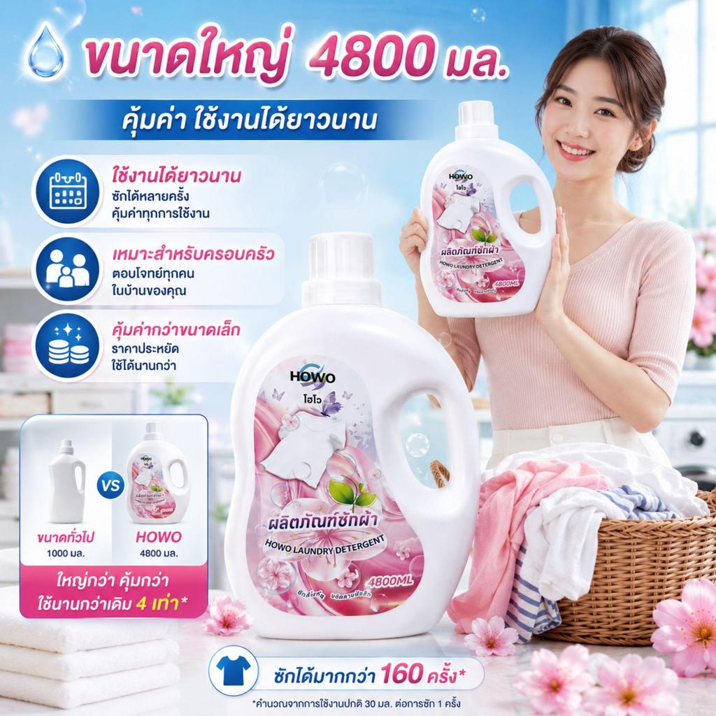 ผลิตภัณฑ์ซักผ้า HOWO 4800ml น้ำยาซักผ้า ผ้าหอมติดทนนาน ขจัดคราบฝังลึก ลดกลิ่นอับ ไม่ทิ้งสารตกค้าง