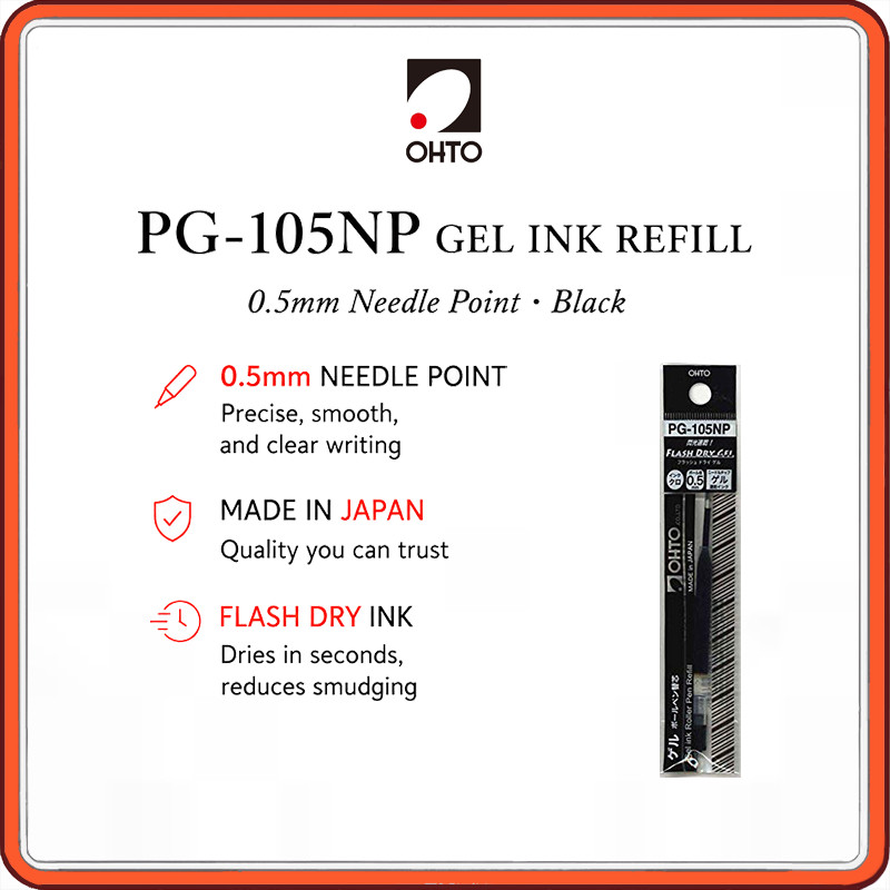 OHTO PG 105NP Flash Dry Gel Ink Refill 0.5mm Needle Point Pen Refill, Black Blue Red Options, Made in Japan, 5 Pack