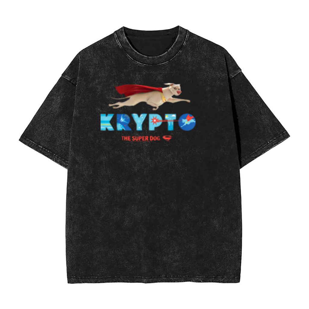 DC Supergirl Krypto Superdog Graphic Print Mens Heavyweight 100% Washed Cotton Oversize Distressed S