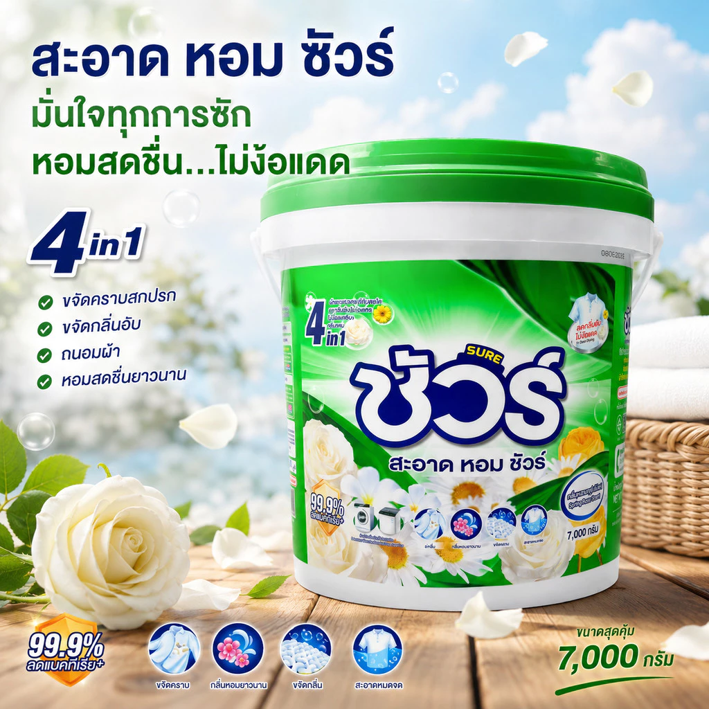 ผงซักฟอกชัวร์ สูตรเข้มข้น ถังใหญ่ SURE 7000กรัม ราคาถูก ถังซัก แฟ๊บ พร้อมช้อน หอมยาว ใช้ได้นาน มีมอก.