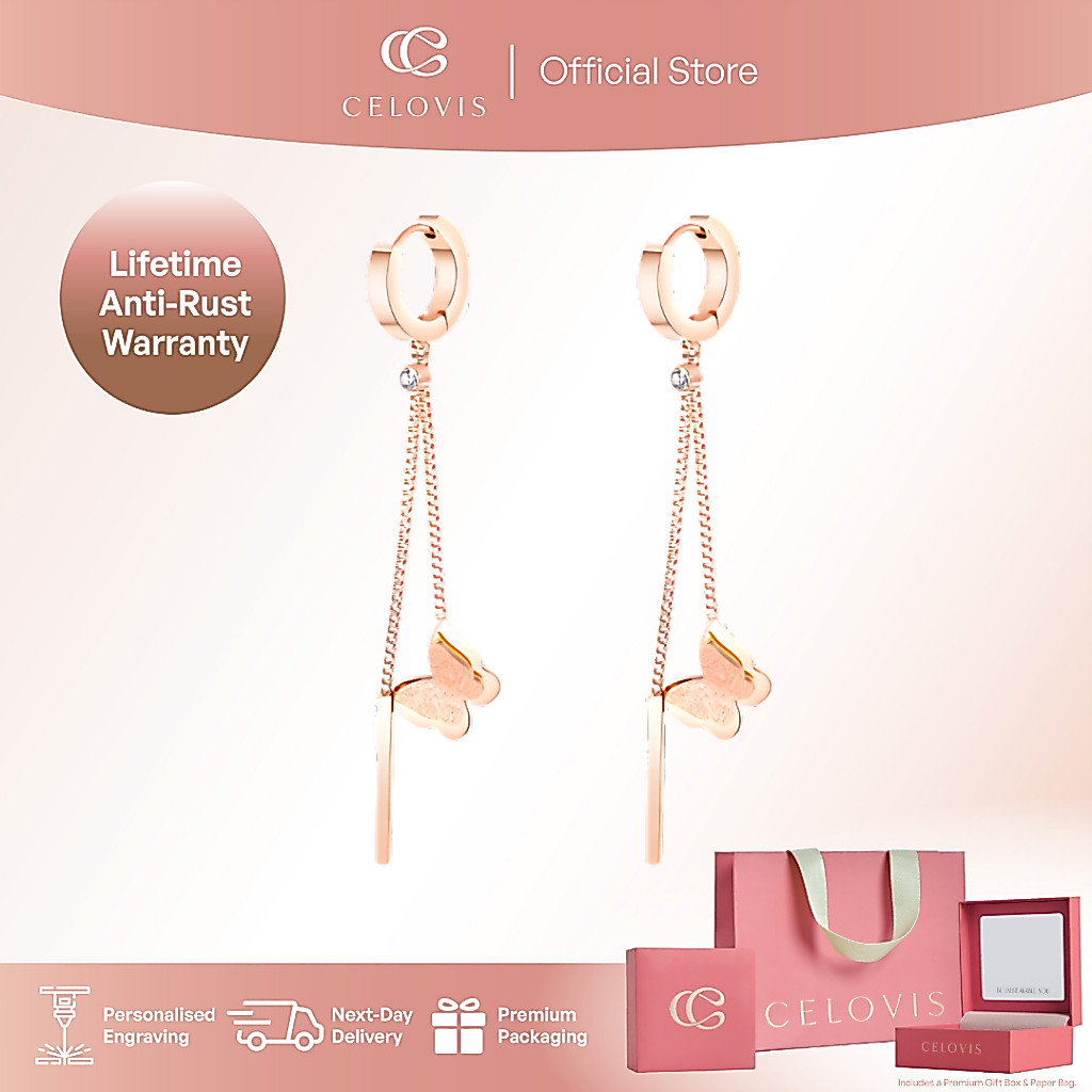 [ BESTSELLER | RM99 + RM5 VOUCHER ] CELOVIS Queen Alexandra Butterfly Rose Gold Dangle Drop ต่างหู
