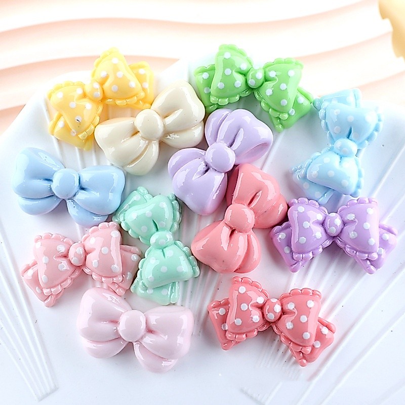 10 ชิ้น / เซต สีมาการอง สดใส จุดคลื่น โบผูก ด้านหลังแบน Diy เคสโทรศัพท์มือถือ เด็ก เชือกรัดผม อุปกรณ์เสริม
