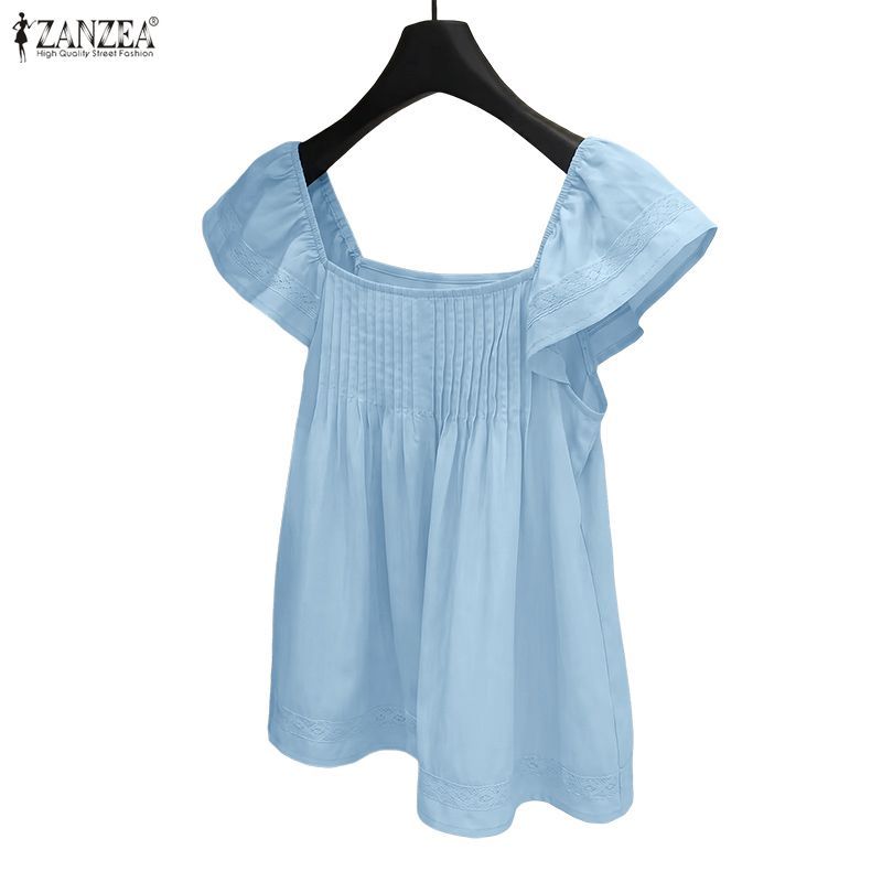 ZANZEA เสื้อสตรีสไตล์เกาหลีทุกวันสีทึบทอ A-Line Ruffles คอเหลี่ยมถัง — صورة 4