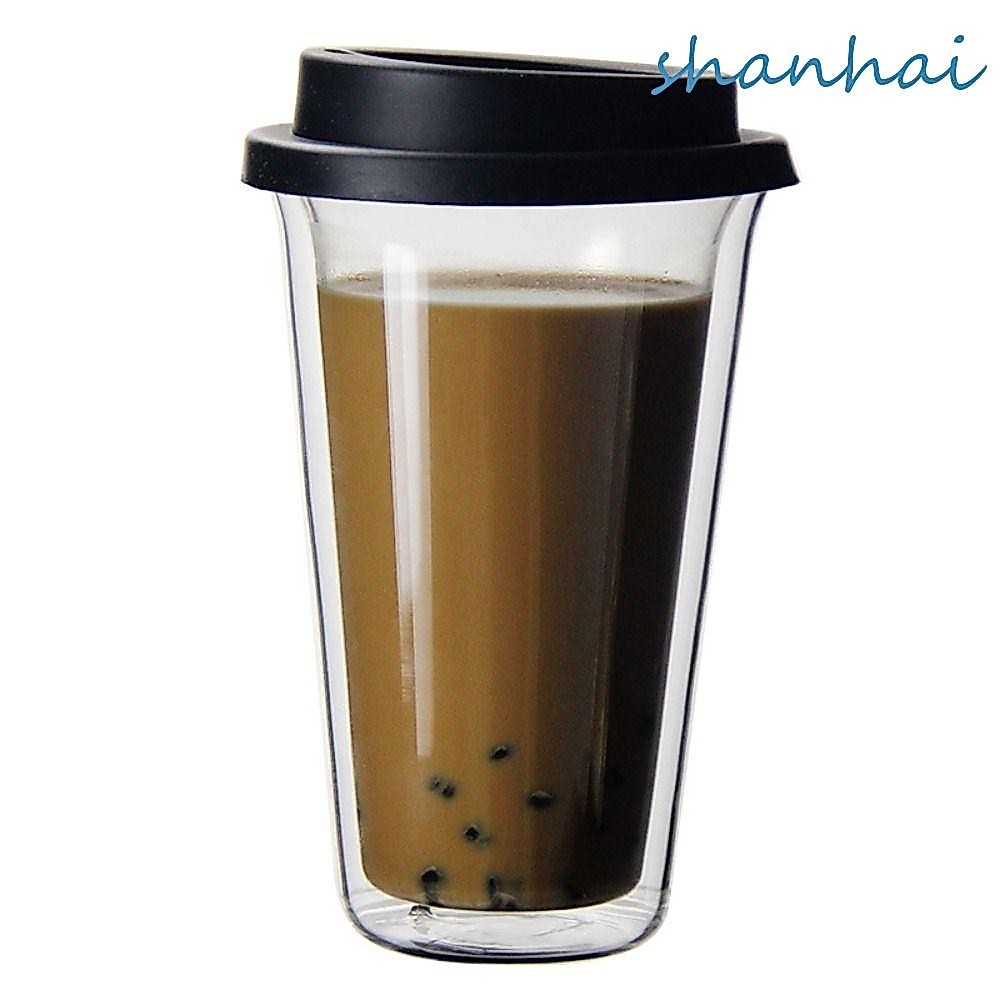 SHANHAI 1/2/6 ชิ้นแก้วกาแฟแก้วติดผนังคู่,เครื่องล้างจานปลอดภัยล้างฉนวนถ้วยกาแฟ,ทนทาน 350ML นํากลับมาใช้ใหม่พร้อมฝาปิดซิลิโคนแก้วกาแฟเดินทางชา