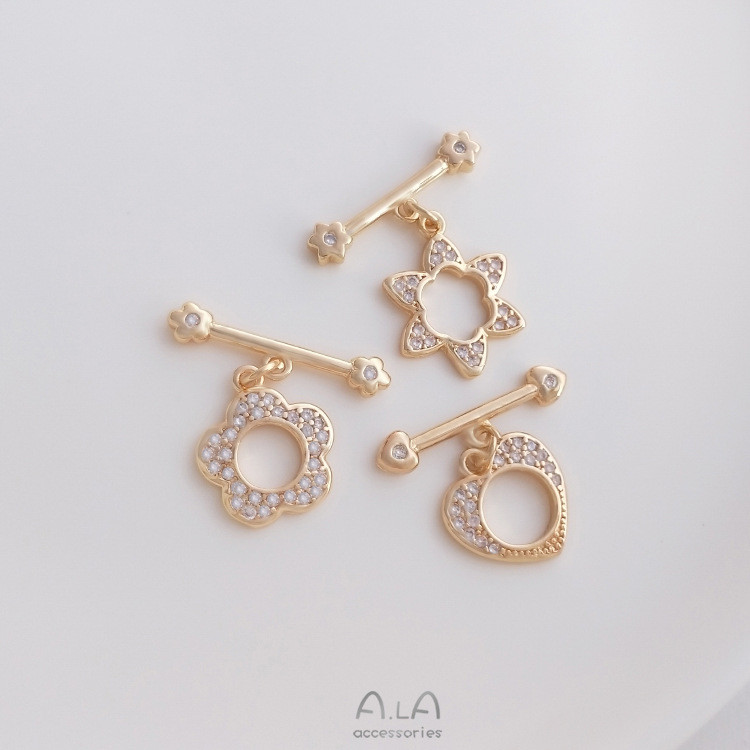 ระบุสี 14K Gold-Covered Micro-Inlaid Zircon Peach Heart-Shaped Plum-Shaped Hexagram OT Buckle diy สร