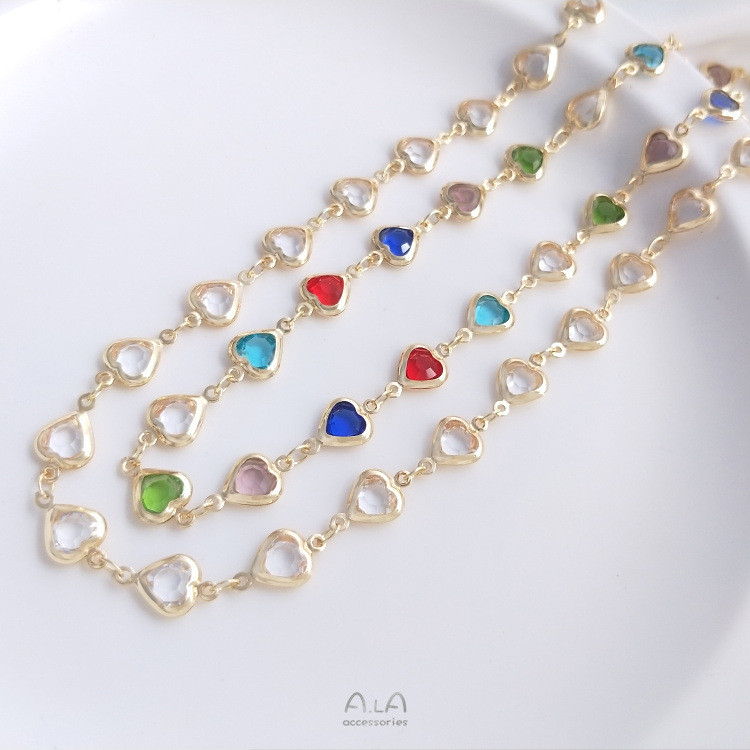 14K Gold-Covered สี-Preserve Zircon พีชรูปหัวใจ Handmade CHAIN สีสัน Zirconium Love Heart CHAIN diy 