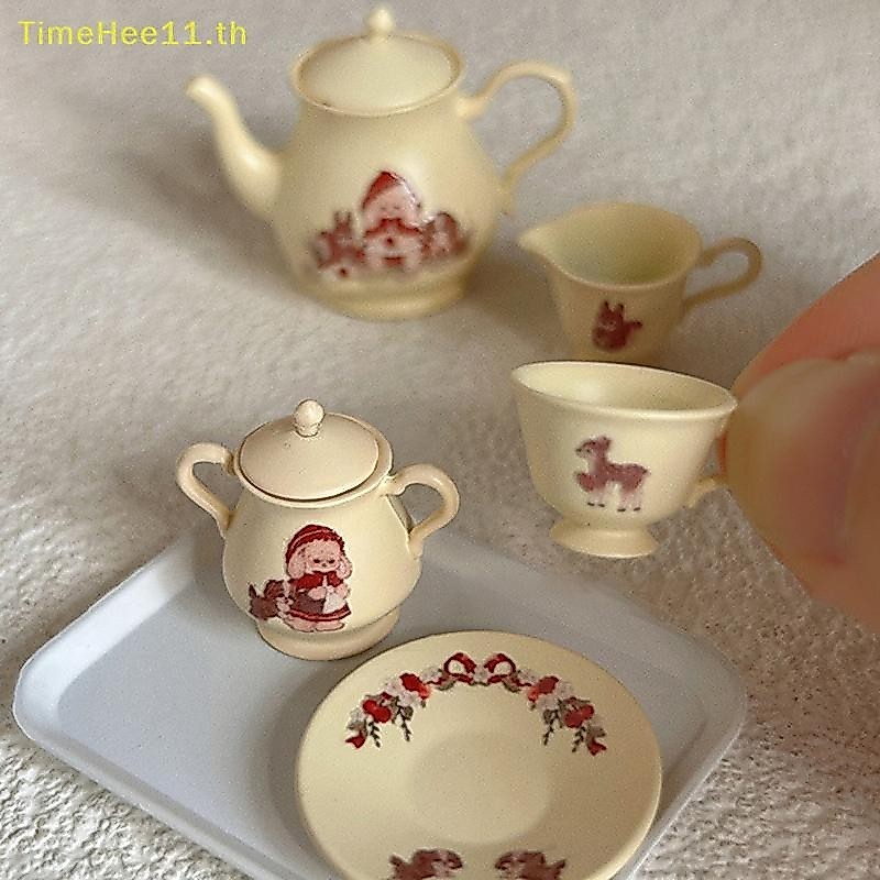 TimeHee 5 ชิ้น/เซ็ตบ้านตุ๊กตา Miniature Porcelain ชุดถ้วยชาบนโต๊ะอาหารห้องครัวตุ๊กตากาน้ําชา Miniature ฉากรุ่นเด็กของขวัญ TH
