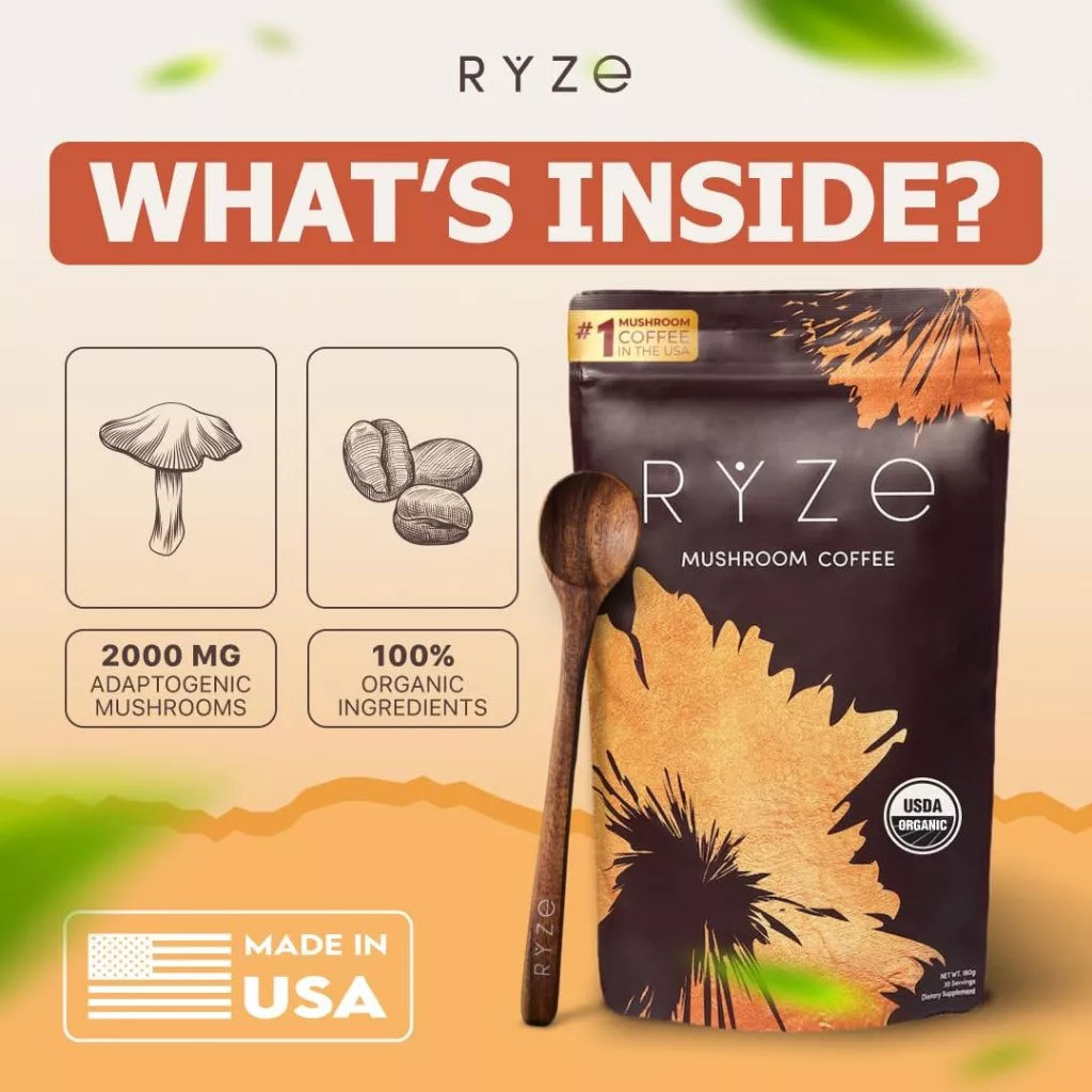 RYZEOrganicMushroomCoffee,30ServingsFantDrinkMixwithLionsMane,Chaga&Cordyceps,Jitter-FreeEnergy,Focu