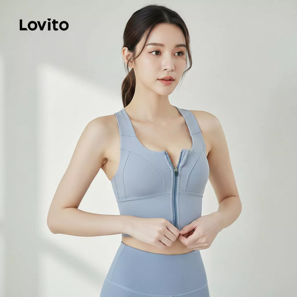 Lovito สปอร์ตบรา ซิปเปอร์ พุชอัพ ยืดหยุ่น 4 ทิศทาง สีฟ้า LNA129036