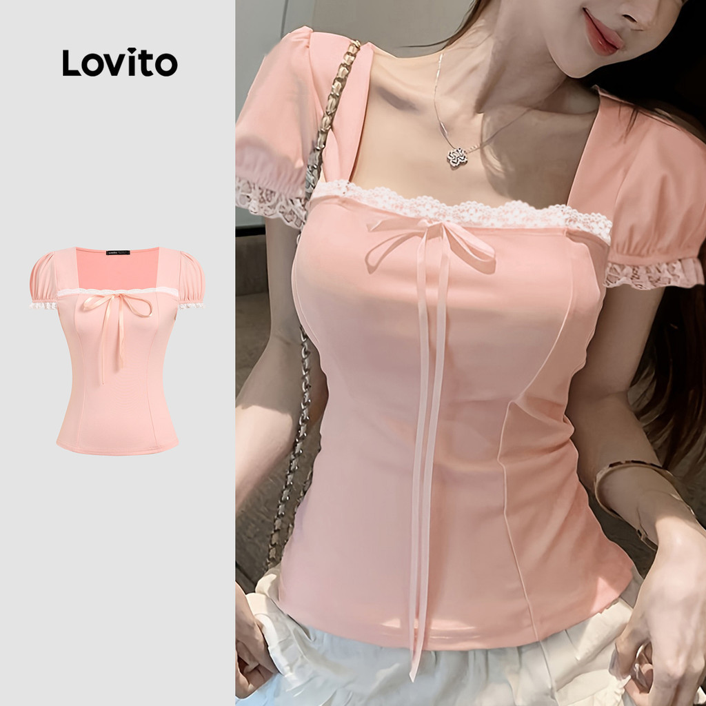 Lovito แคชชวล เสื้อยืดน่ารัก ผูกโบว์ คอระบาย ผูกเชือก สีชมพู สำหรับผู้หญิง เหมาะสำหรับฤดูใบไม้ผลิ/ฤดูร้อน LK3ED041