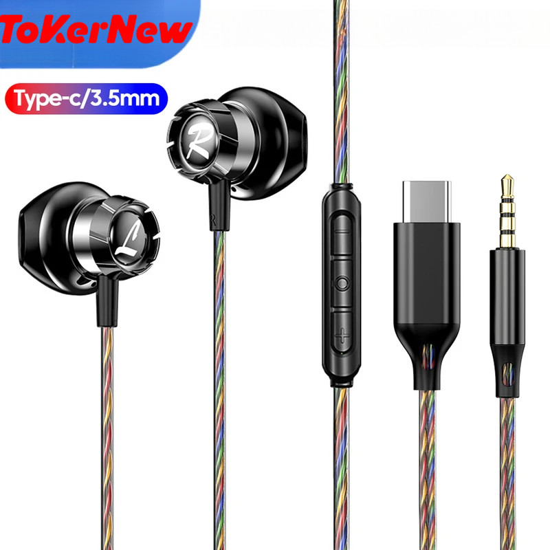 ToKerNew DAC Type-C / 3.5 มม.หูฟังชนิดใส่ในหูชุดหูฟังแบบมีสายหูฟังพร้อมไมโครโฟนกีฬาสําหรับโทรศัพท์ H