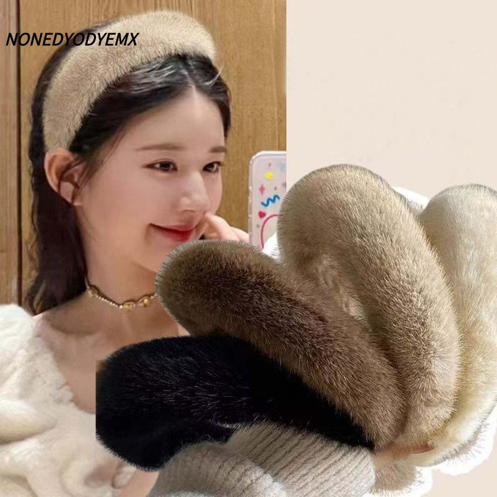 NONEDYOMX ที่คาดผมตุ๊กตา,ที่คาดผมผู้หญิงขอบกว้างสีทึบ,แฟชั่นเลียนแบบMink Fur Head Wraps