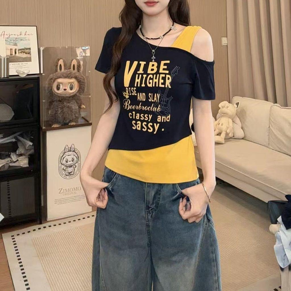 [ส่วนลด 50% ลดราคา] ฤดูร้อนสไตล์ใหม่สาวร้อนสไตล์ไหล่เฉียงเย็บพิมพ์เสื้อยืดผู้หญิงSlim-fit Slimmerดูแฟชั่นสบายๆAll-Match Top