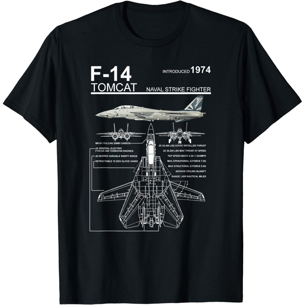 เสื้อยืดนักสู้ F-14 Tomcat Naval สีดำ ทำจากฝ้ายบริสุทธิ์ 100%