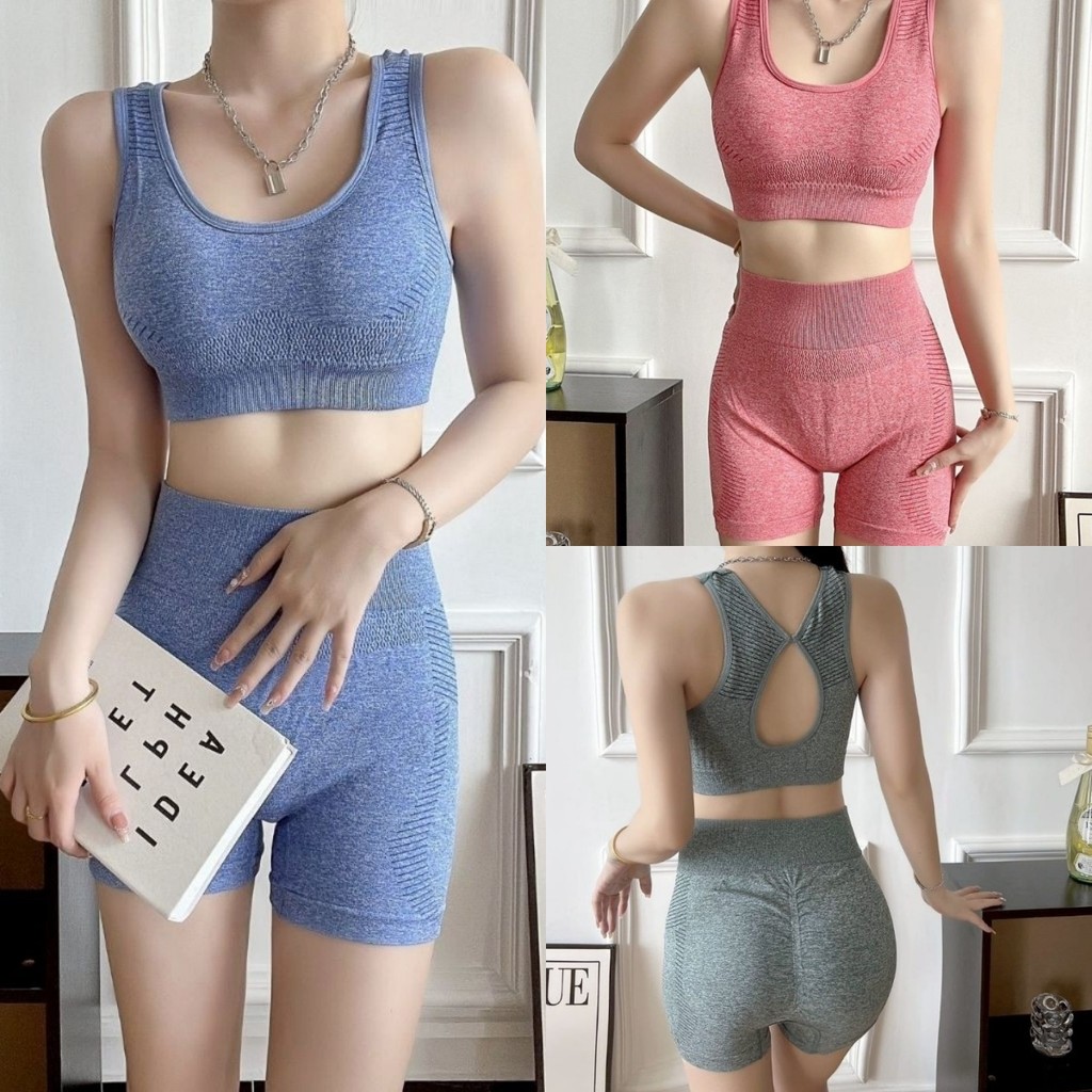 🌷Riley🌷ชุดออกกำลัง มีฟองน้ำ เซต2ชิ้น สีพื้น ผ้าใส่สบาย เข้ารูป💙ชุดออกกำลังกายผู้หญิง สไตล์ลำลอง ใส่สบาย ส่งจากไทย