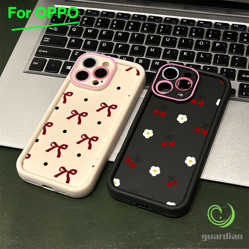 For เคสโทรศัพท์ OPPO กรอบเลนส์สีชมพู  A3 A3X A60 5G โบว์สีแดงเข้ม A9 A18 A38 A15 A15s A60 A35 A17 A1