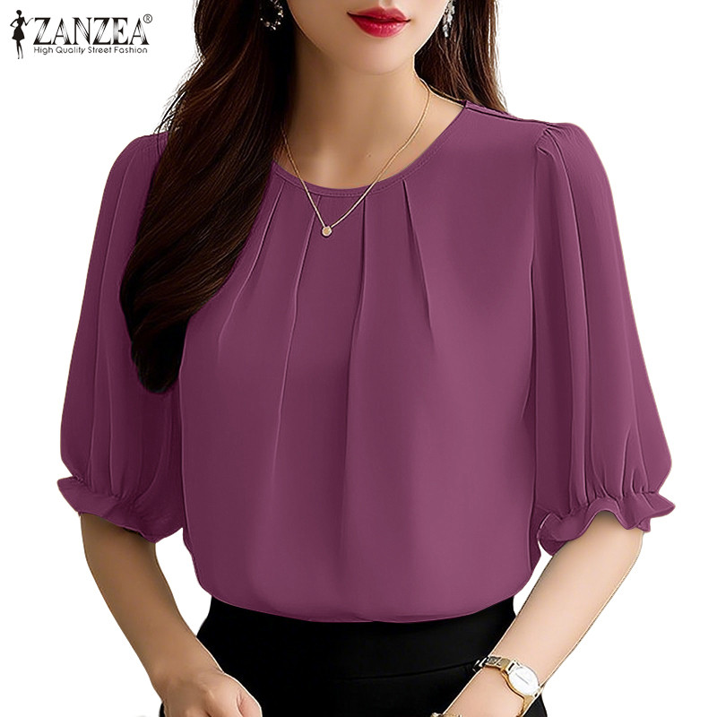ZANZEA เสื้อเบลาส์คอกลมครึ่งแขน สไตล์เกาหลี เหมาะสำหรับใส่ประจำวัน