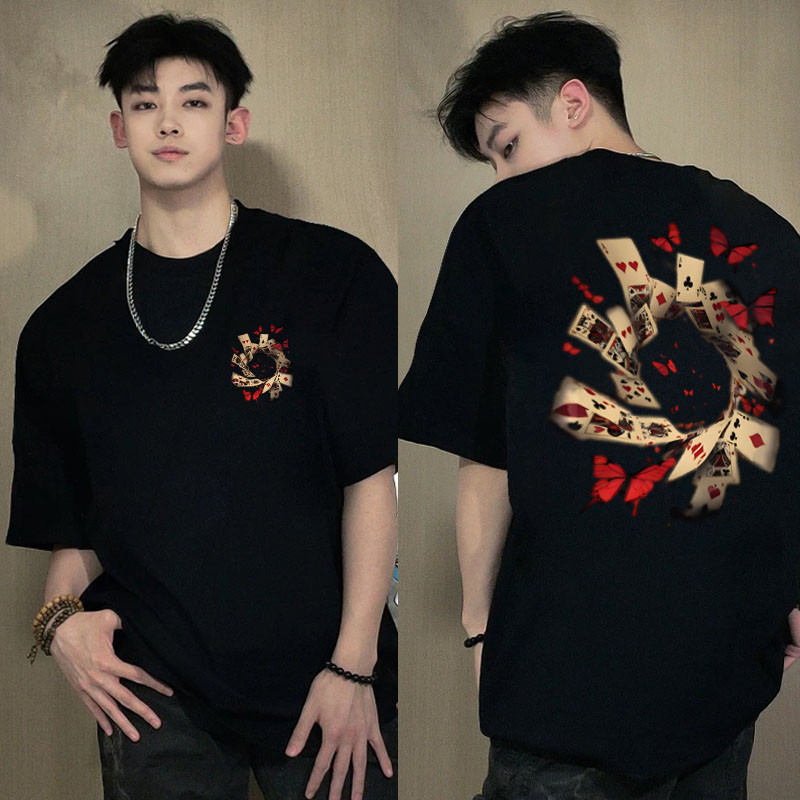 Basi💥เสื้อยืด oversize unisex สตรีทแฟชั่น โคตรนุ่ม เสื้อ cotton100% ไม่หดตัวลาย เสื้อไม่ยับ ลาย"Butterfly playing cards"