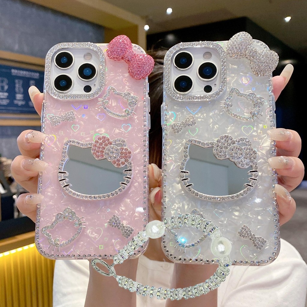 NewFrame & Bezel Diamond Series 3D Bowknot Multiple Diamond Kitty Mirror Pattern IMD Phone Case, Bracelet, For iPhone 11, 12, 13, 14, 15, 16, 17 Series