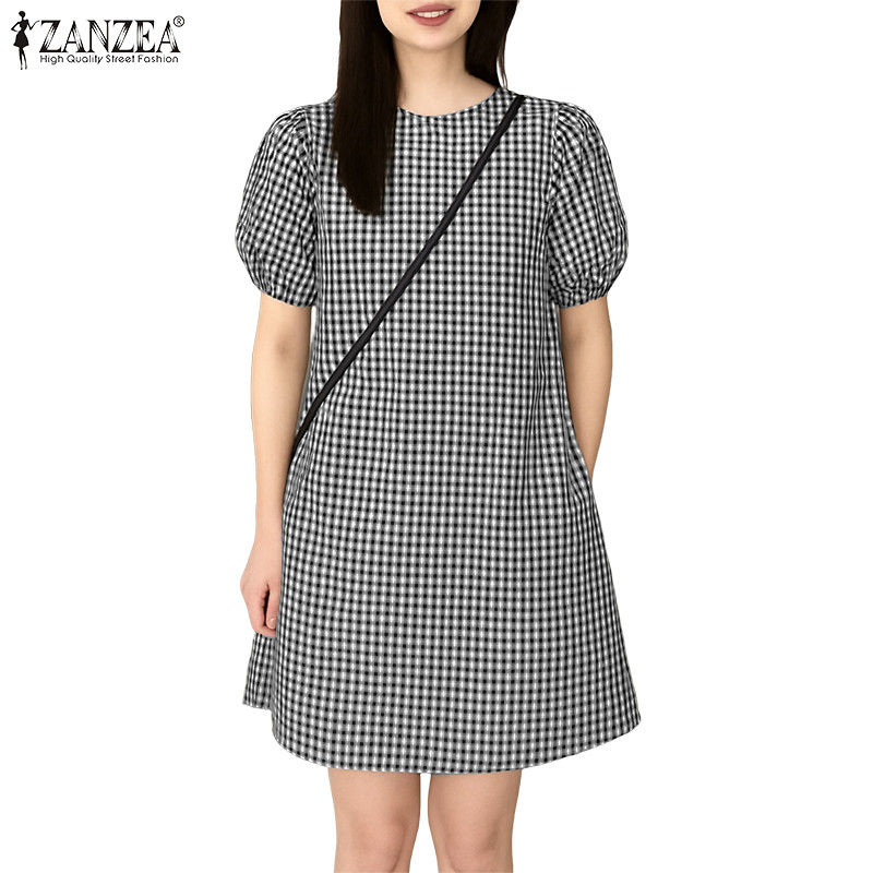 ZANZEA เดรสทรงเอ แขนพัฟ คอกลม สไตล์วินเทจเกาหลีสำหรับผู้หญิง ลายตารางหมากรุก