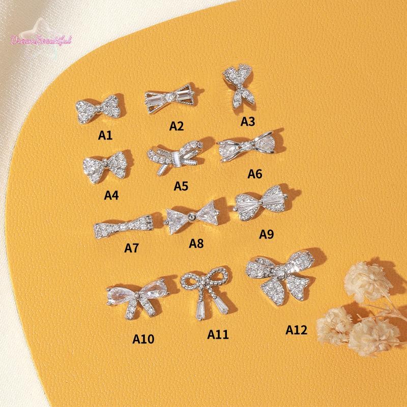 <DBFl-t> 1Pc Glitter French Silver Bow Nail Art Charm 3D แก้วคริสตัลหิน Pearl Bowknots เล็บเครื่องประดับ DIY เล็บอุปกรณ์เสริมใหม่