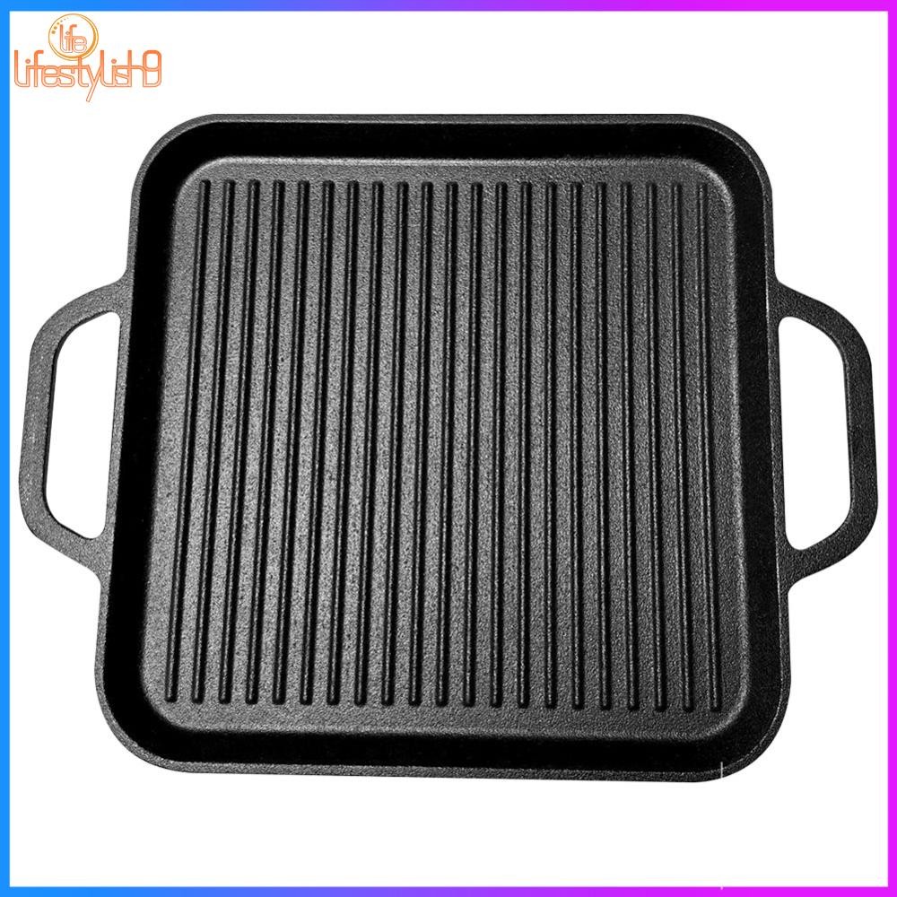 11in เหล็กหล่อ Griddle Reversible Griddle Pan Square Flat Pan สําหรับแก๊สเตาตั้งพื้นเตาอบหรือเปิดไฟส