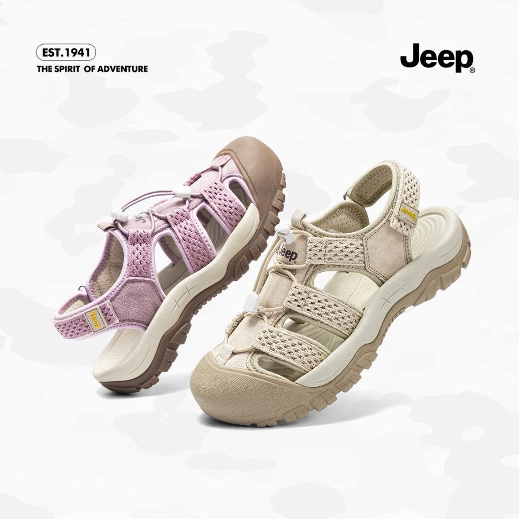 JEEP รองเท้าแตะชายหาดกีฬากลวงแท้สไตล์ใหม่รองเท้าแตะโรมันหนาSoled สีดำ